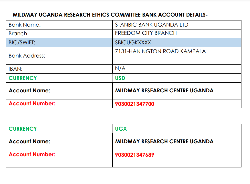 MUREC bank account details