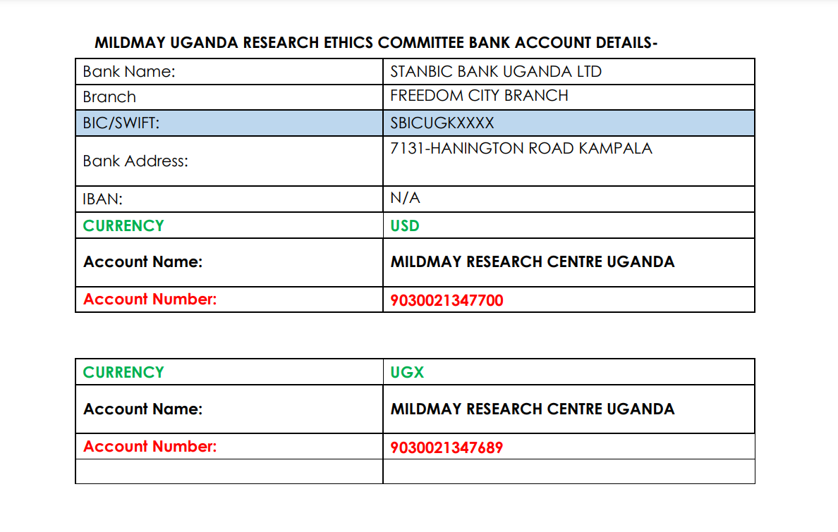 MUREC BANK ACCOUNT DETAILS